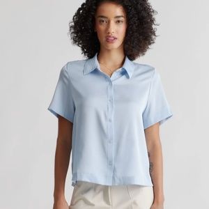 Quince Washable Stretch Silk Short Sleeve Blouse, Size XS, Ballard Blue
